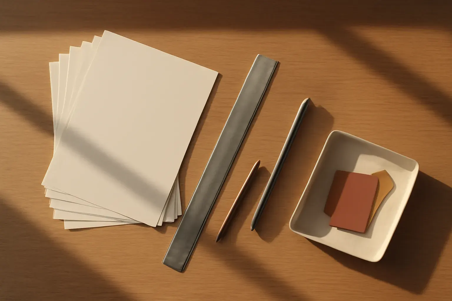 Overhead editorial still-life of a wooden drafting desk with paper, ruler and drafting tools in warm morning light.