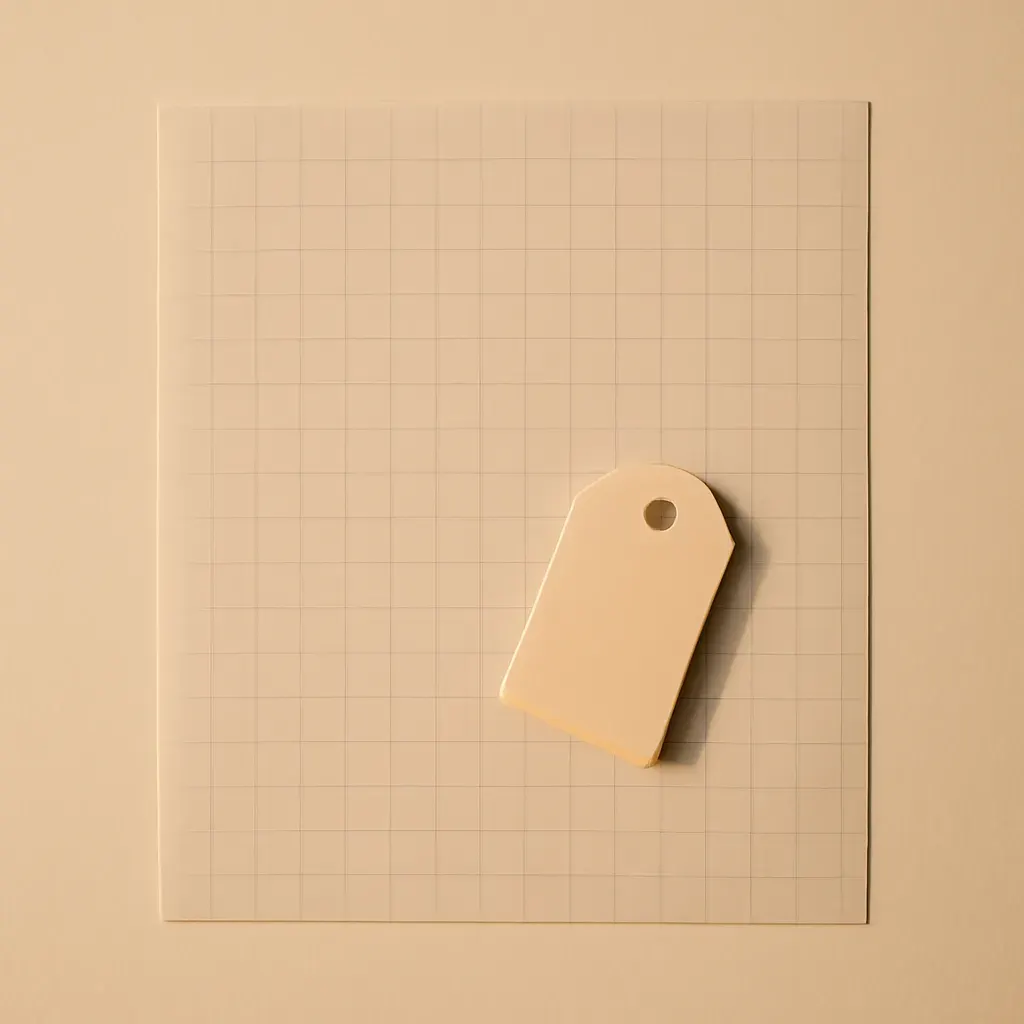Abstract still-life of translucent vellum over ruled grid paper with a blank price tag, symbolizing transparent pricing.