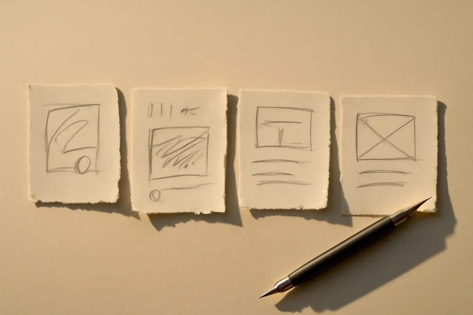 Editorial still-life of a sequence of sketch notes progressing left to right, suggesting the discovery and design phase.