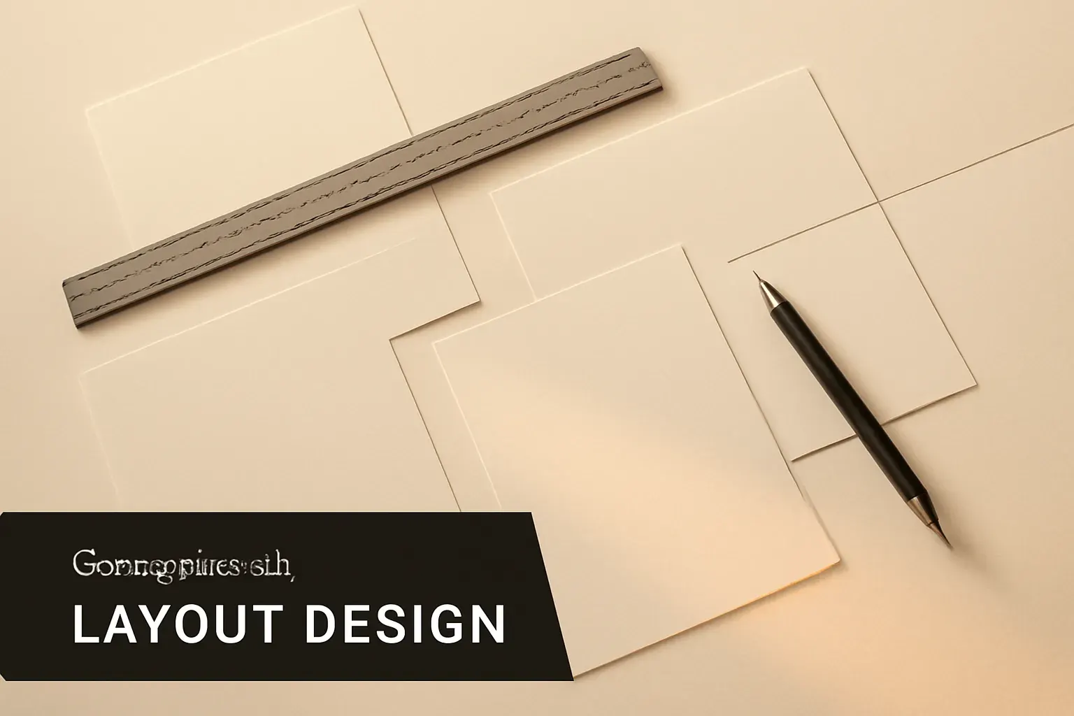 Editorial still-life of trimmed paper sheets and a ruler suggesting a layout design project, shown as concept work.
