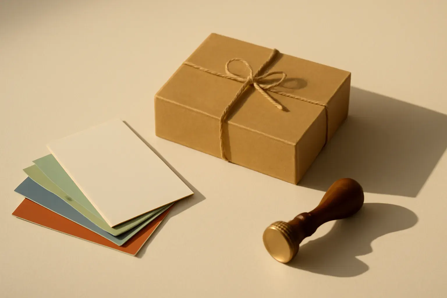 Editorial still-life of colour-swatch cards and a kraft-paper product box suggesting a brand and packaging project, shown as concept work.