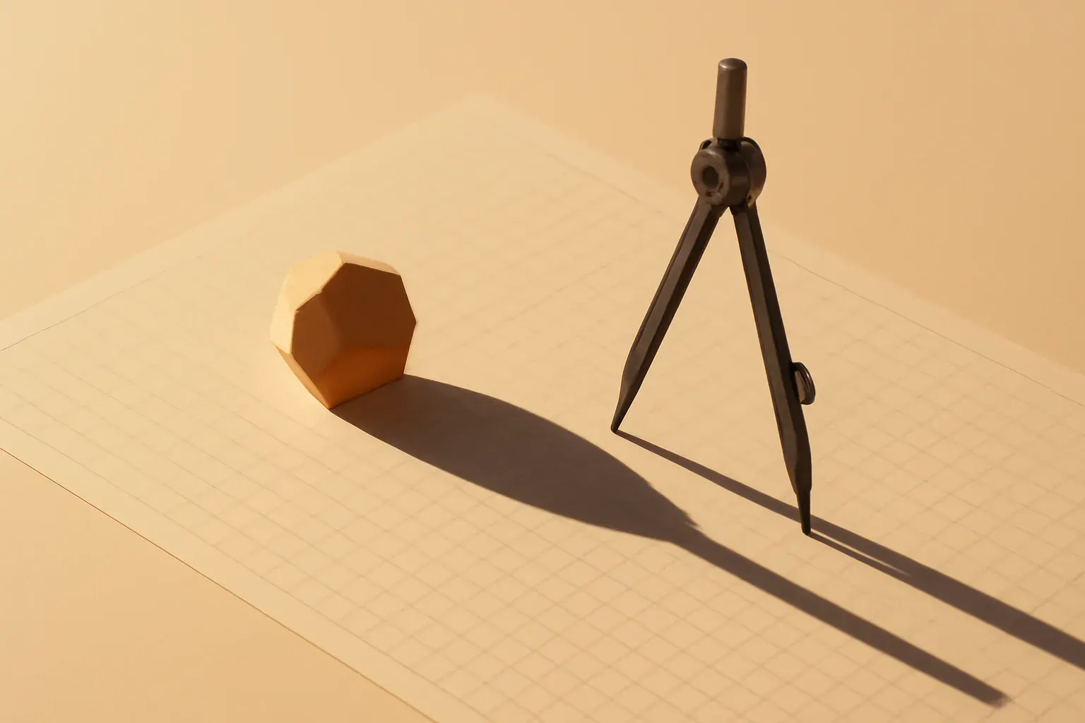 Editorial still-life of a faceted paper disc on ruled grid paper suggesting structured design work, shown as concept work.